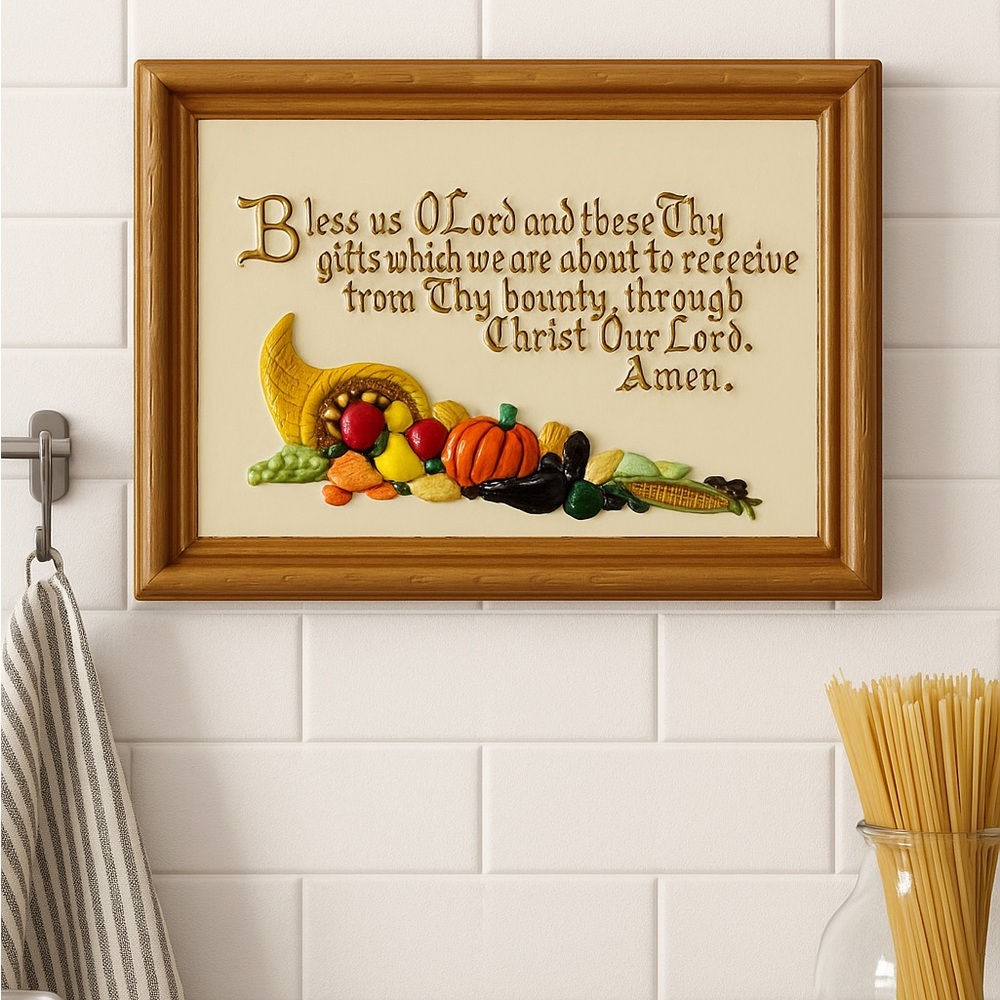 VINTAGE HOLLAND MOLD “ BLESS US O LORD “ WALL PLAQUE WITH CORNUCOPIA 3D CERAMIC